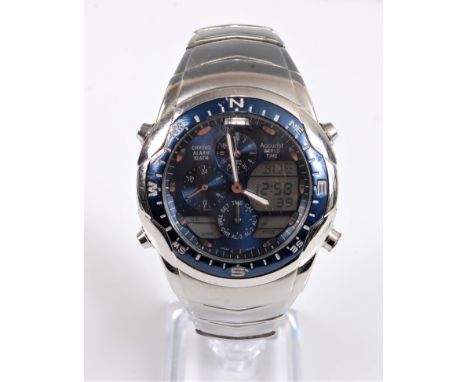 A gentleman's Accurist World Time Chronograph quartz wristwatch, the round blue dial with digital time display, three subsidi