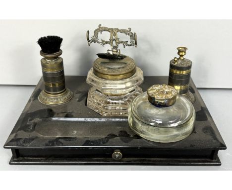 A Victorian ebonised inkstand, the taper stick and brush both marked Prince Albert Safety Box Patent Vesta Lights to base, ba