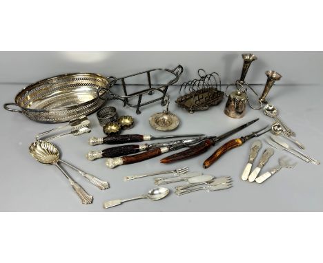 A horn handled carving set with silver handles and caps, also a large quantity of silver plate to include cutlery, vases, toa