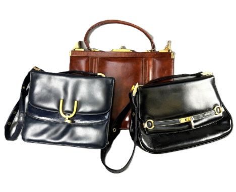 A Widegate handbag with locking mechanism in brown leather, 25cm excluding handles, and two other Widegate bags, one with Jen