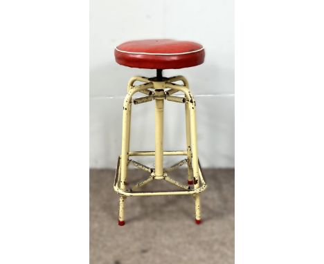 A 1950's stool with red vinyl seat on spring support, 64 x 35 cm.   The Alastair & Sheila Brooks Collection: of Oaklands (& p