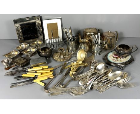 A large quantity of silver plate, to include; a chamberstick, 9 cm, kettle stand with tile insert, toast racks, flatware, (A 