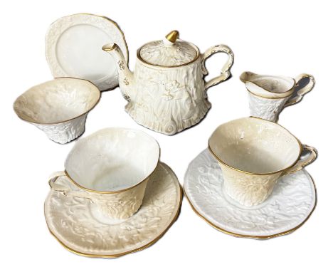 A Royal Stafford China Old English Oak pattern tea set, all of naturalistic form, to include; teapot, 13 cm, pair of tea cups