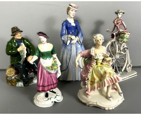 A group of figures, to include: A Royal Doulton "A Good Catch", a Spode Chelsea figure no. 8, Welshcrest "Caroline, (A Lot). 