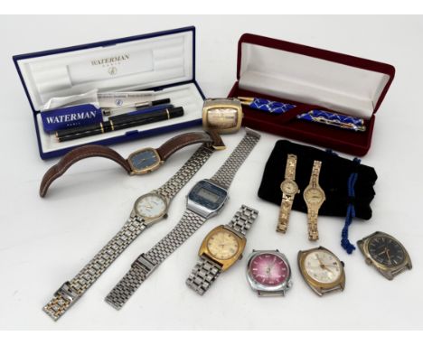 A collection of gentleman's and ladies watches, to include; Newmark, Timex, Solora, Sekonda, also a Watermans fountain pen, n