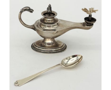 A George V silver oil lamp with phoenix head handle, hallmarked, Birmingham 1936 Adie Bro, 8.5 cm, 93g, along with a match st