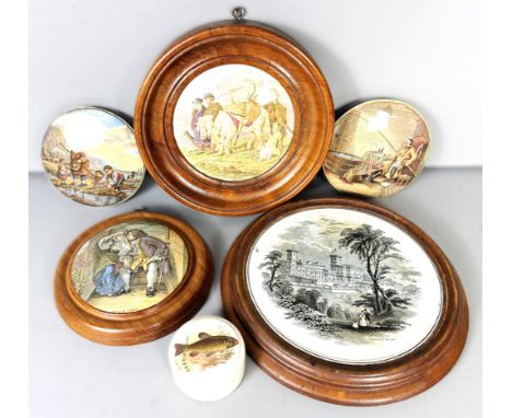 A framed Prattware pot lid with highland scene, 12 cm, two others depicting fishing, one titled "The Enthusiast", a framed ce