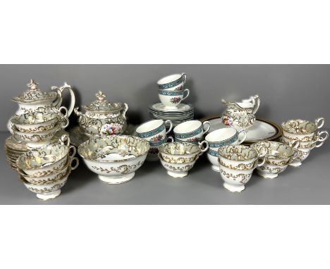 A gilt and floral decorated part tea service with cups, saucers, bowls, a Wedgewood part tea set, also a set of six Cauldon d