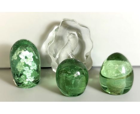 A Mats Jonasson glass paperweight of an otter, 16 cm, and three other paper weights, (4).  The Alastair & Sheila Brooks Colle