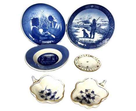 A collection of Royal Copenhagen china, to include; a pair of c. 1880 leaf shaped dishes, 3.5cm, a 1959 pin dish, and a 1977 