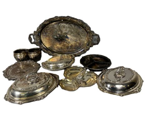 A group of silver plated items, to include; a large two handled foliate decorated tray with vacant cartouche, 38 x 63 cm, a p