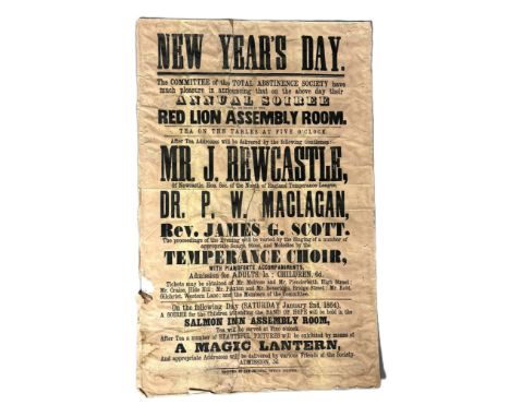 A Victorian Total Abstinence Society poster advertising for their New Years 1864 celebrations to be held in the Red Lion Asse