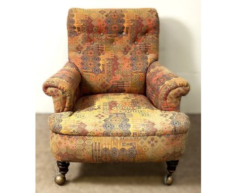 Library armchair in kilim style upholstery, 92 x 83 x 90 cm.  The Alastair & Sheila Brooks Collection: of Oaklands (& past ow