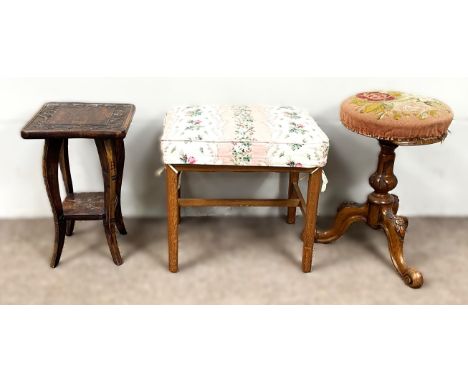 A mid 20th c. oak footstool with upholstered top, 46 x 50 x 40 cm, also a piano stool and occasional table, (3).   The Alasta