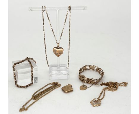 9ct gold chains and lockets, to include; gate link chain with padlock, necklace with leaf pendant centred with clear stone, 2