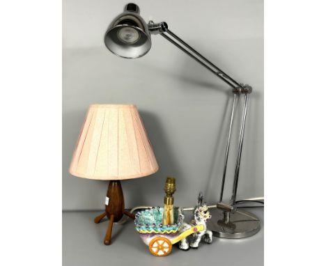 An Italian majolica donkey pulling cart, 19 cm, an Ikea adjustable lamp, and a wooden tripod lamp, (3).  The Alastair & Sheil