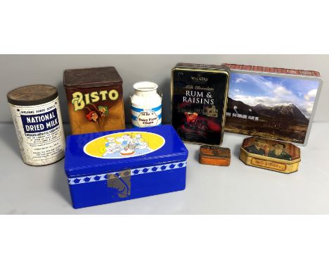 A collection of vintage tins, to include; Bisto, Tetley Tea Folk, National Dried Milk, marbles, (A Lot).&nbsp;