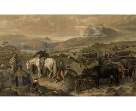 Scottish School, 19th century, Stalkers and Drovers Meeting,coloured engraving, 50cm x 83cm; also another Highland engraving,