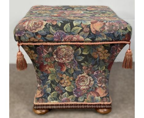 A Victorian stool with hinged top over storage space on bun feet and castors, 54 x 56 x 56 cm.  The Alastair & Sheila Brooks 