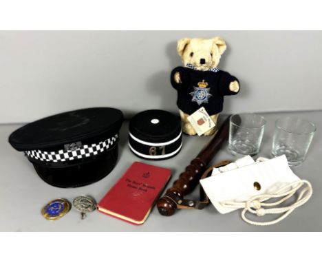 A boys brigade hat, hymn book and badges, also a South Yorkshire police bear and costume police hat and truncheon.&nbsp;