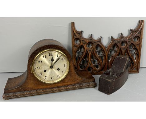 An oak tambour clock, 23cm, a vintage plane, and a pierced screen, (3).&nbsp;