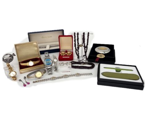 Costume jewellery and watches, to include; amethyst bead and chip necklaces, earrings, brooch, Fossil watch, Waterman pen, (A