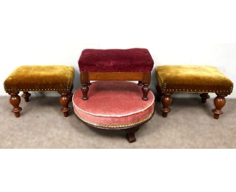 A group of four footstools, including a circular stool, 16 x 40 cm,   also one in corduroy upholstery and two in mustard felt