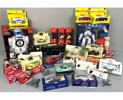 TOYS; to include; a Chad Valley projector, Lotto or Housey Housey, R2-D2, toy cars, Corgi, Maisto, a Wade Father Abbot, (A Lo