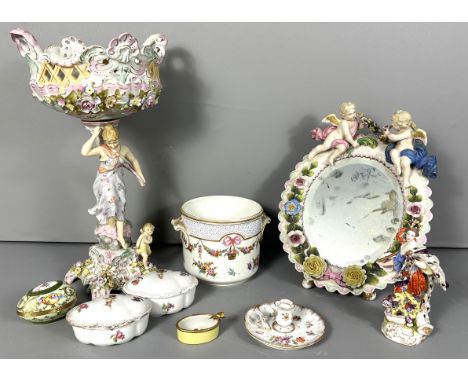 A collection of continental china, to include, Le Tallec egg,  basket supported by female figure carrying cornucopia, 38 cm, 