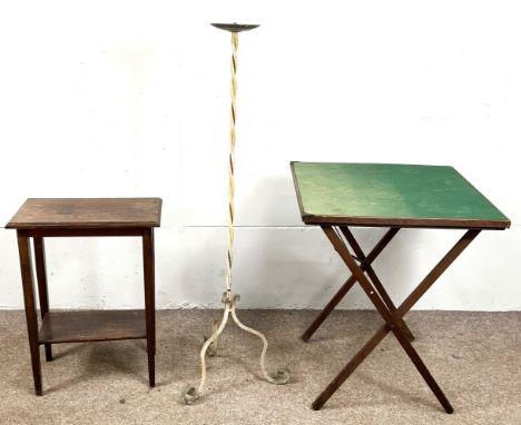 A painted metal candle stand with spiral twist stem on tripod base, 118 cm, a folding card table and an occasional table, (3)