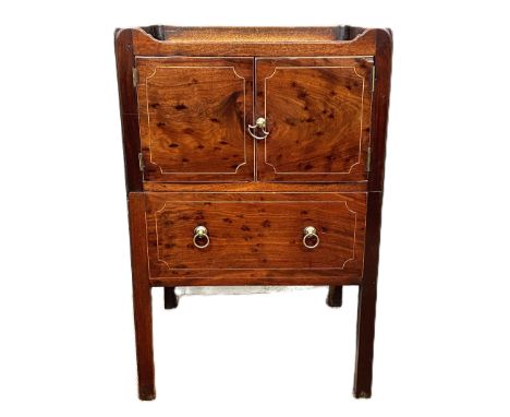 A Georgian mahogany inlaid commode with pierced handles to side, 78 x 51 x 47 cm.   The Alastair & Sheila Brooks Collection: 