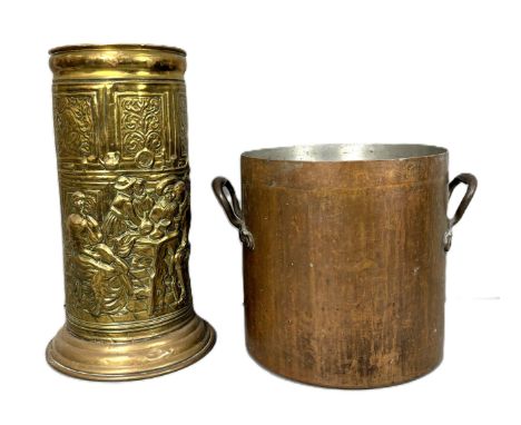 A beaten brass umbrella / stick stand, 48 cm, and a large pot, (2).   The Alastair & Sheila Brooks Collection: of Oaklands (&