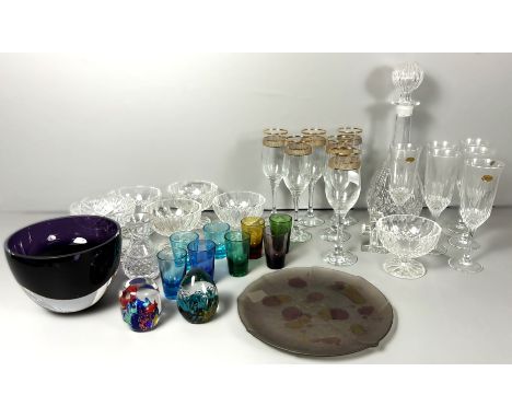 A collection of glass, to include; amethyst glass bowl, 11.5, champagne flutes, decanter, (A Lot).