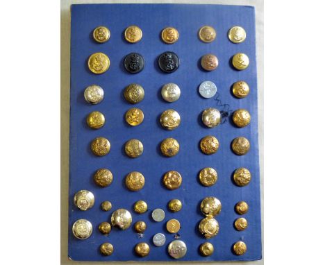 British Military Badge Board (50) including: Royal Navy, RAF, Royal Army Medical Corps, Signals, ARP, etc. Mostly brass with 
