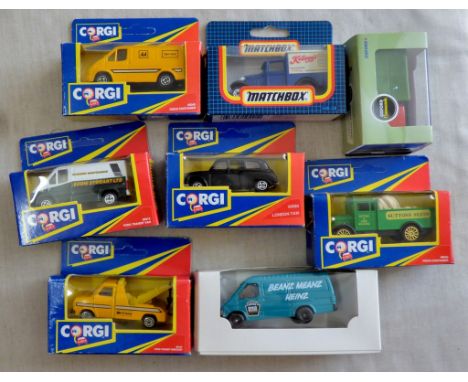 (8) Small Corgi and Matchbox-Kellogg's-AA Van-Black Cab-Sutton Seeds-Eddie Stobart-Ford Transit Wreaker-Beanz Meanz Heinz-Chr