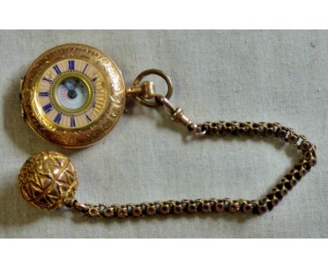Ladies 'Chatelaine' style watch, marked as 585c(14ct) pre 1932 gold, half hunter not working needs a clean, chain and ball ar
