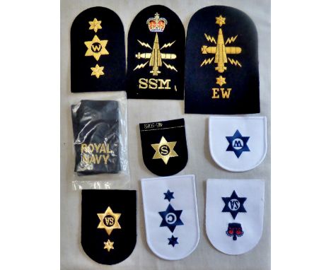 Royal Navy Patches - a collection of (13) Royal Navy trade patches, includes: C, W, SA, S, SSM, EW and Royal Navy rank slides