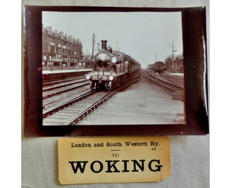 Surrey Woking Junction Engine no 337 photograph: also London & South Western Ry to Woking parcel label no 787
