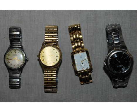 (4) Gents watches and one bracelet, power compact, and green broach, watches needs attention