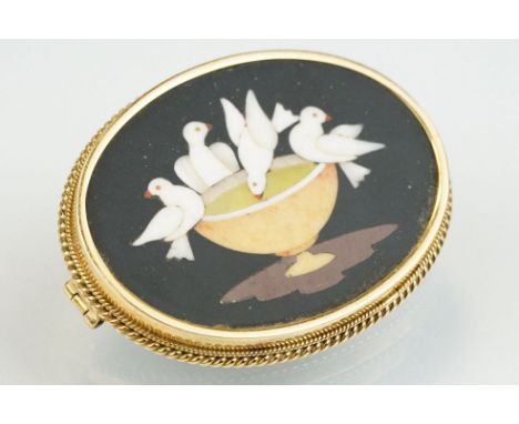 Pietra dura 18ct yellow gold brooch, the oval pietra dura panel depicting the Doves of Pliny, measuring approx 29mm x 38mm, r