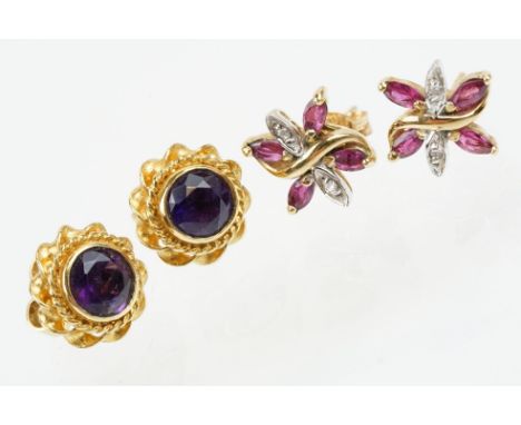 Two pairs of 9ct gold stone set stud earrings to include a pair of ruby and diamond cluster earrings (marked 375) and a pair 