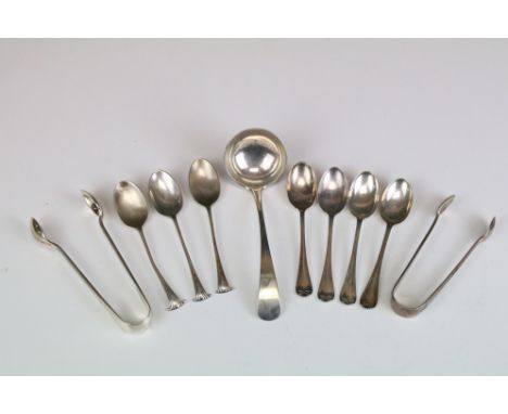 Collection of assorted silver flatware to include a silver sauce ladle, three William Hutton &amp; Sons scrolled terminal tea