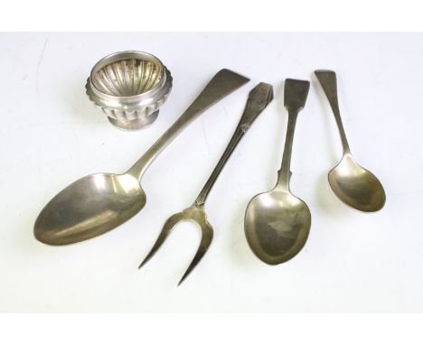 Three silver hallmarked spoons including a Victorian rounded terminal spoon (hallmarked London 1852), silver toasting fork an