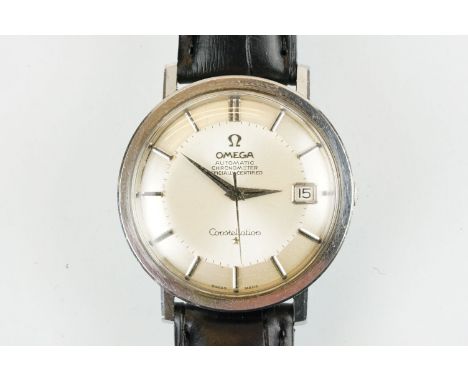 Omega Constellation automatic chronometer wrist watch having a pie pan dial with baton markers to the chapter ring, date aper