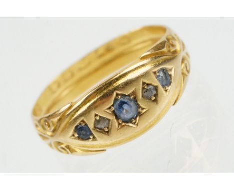 19th Century Victorian 18ct gold hallmarked diamond and sapphire five stone ring. Hallmarked London, date letter rubbed. Size