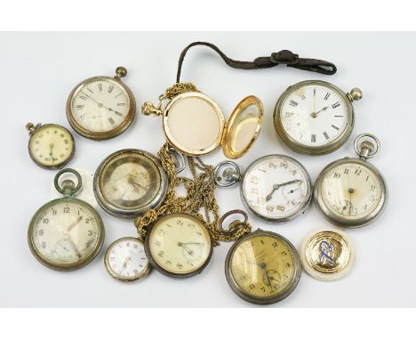 Collection of assorted white metal pocket watches to include an Art deco example, Ingersoll, Adlestones watch, silver fob wat