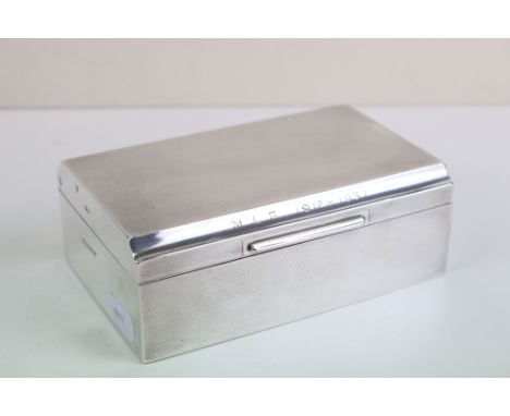 1930's silver cigarette box with engine turned decoration, wood lined twin-compartment interior, inscription to lid, approx 1