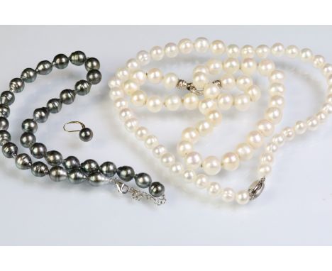 Group of cultured pearl jewellery to include a grey baroque pearl necklace with silver clasp, a pair of matching stud earring