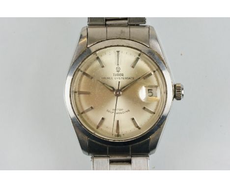 Tudor Prince Oysterdate rotor self winding wrist watch having a silvered dial, date aperture to three, and baton markers to t