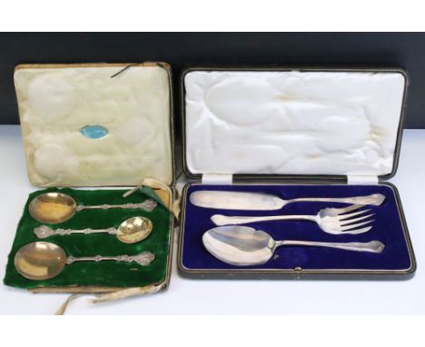 Set of three William Hutton &amp; Sons silver serving spoons to include tea strainer spoon and two matching round bowl spoons